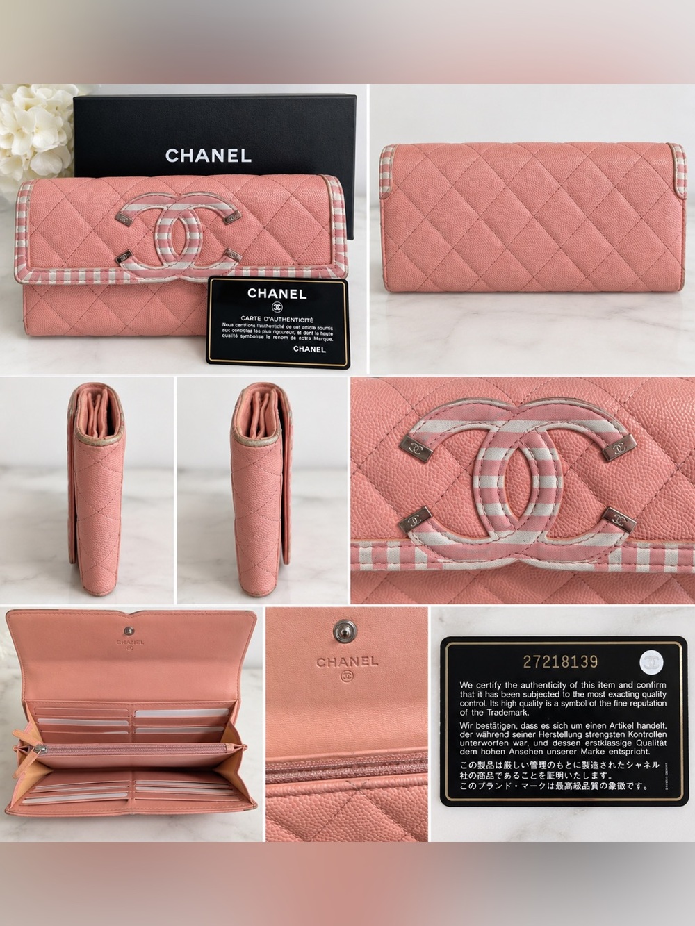 CHANEL Pink Quilted CC Striped-Trim Long Wallet